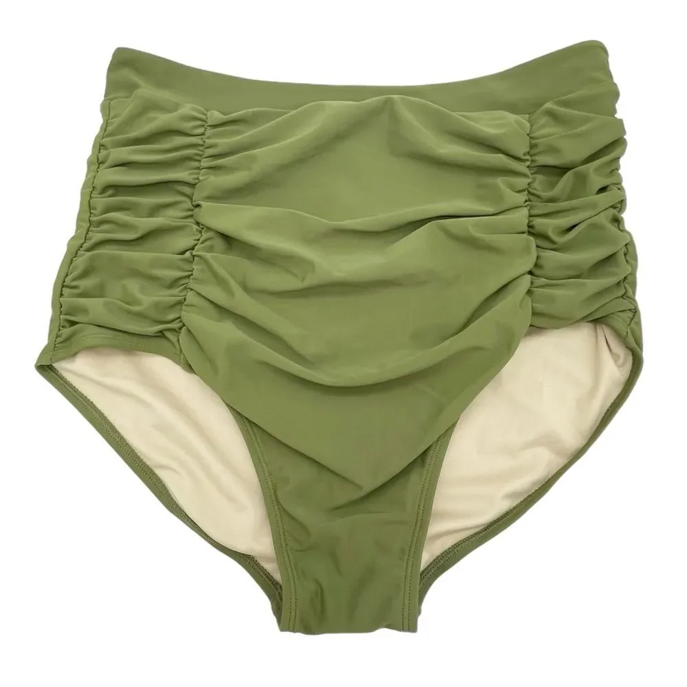 NWT Relleciga Swim High Waisted Ruched Retro Bikini Bottom Army Green Size XL